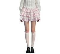 Falda Mujer Women S Tartan Checkered Pleated Mini Skirts with High Waistband and Lace Detailing(Pink,XL)