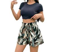 Falda pantalón Corta Verano Estampado Abstracto Integral, Elegante Cintura Ajustada, Corte Holgado Casual, con Bolsillos y botón, Fresca