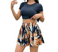 Falda pantalón Corta Verano Estampado Abstracto Integral, Elegante, Cintura Ajustada, Corte Holgado, con cinturón de Lazo, diseño artístico
