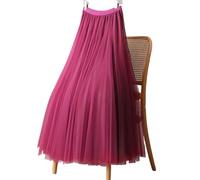Falda Plisada Corto Tulle Skirts For Women High Waist Mesh A Line Pleated Skirt Elastic All Match(Red,S)