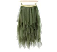 Falda Tul Mujer Women Green Midi Skirts Solid Color Elastic High Waist Irregular Ruffles Multi-Layered Tulle Tutu Skirts Female(L)