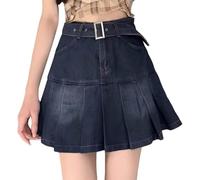 Falda vaquera acampanada para mujer, estilo informal, plisada, para verano, uso diario, para excursiones, cómoda cintura elástica, lavable a máquina, azul, S