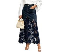 Falda Vaquera Ajustada de retales de Encaje Calado a la Moda de Verano para Mujer: Falda Vaquera Larga de Estilo Bohemio con Estampado de Cintura Alta y Corte A (Azul Marino,XL)