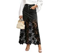 Falda Vaquera Ajustada de retales de Encaje Calado a la Moda de Verano para Mujer: Falda Vaquera Larga de Estilo Bohemio con Estampado de Cintura Alta y Corte A (Negro,M)