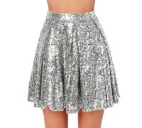 Falda Vaquera Con Flecos, Cintura Alta Plisada Color Sólido Falda Corta Falda Suelta Lentejuelas Faldas Bajo 5, plata, XL