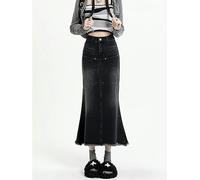 Falda Vaquera Negra Sirena Mujer Corte A Slim Patchwork Cintura Alta Jean Maxi Falda Vintage Streetwear Moda De Los Años 90-Negro-M