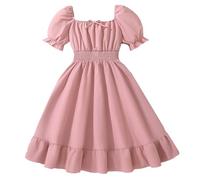Falda vaquera niña 140 y grande en, ocio, cuello cuadrado, manga corta, cintura, fruncido, vestido de princesa, vestido casual cómodo calendario de adviento novela, Rosa., 11-12 años