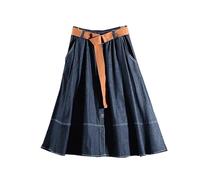 Falda Vaquera para Mujer, Hasta La Rodilla, Informal, De Corte A, con Cinturón, Color Liso, Plisada, Básica, Acampanada, Midi, con Bolsillo, para Salir De Vacaciones, Azul Marino, Talla Única.