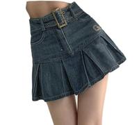 Falda Vaquera Plisada de Talle Alto de Verano Falda Acampanada Adelgazante Que Cubre el Cuerpo en Forma de Pera - Azul - 3XL