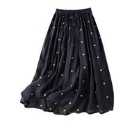 Falda vaquera roja para mujer falda plisada retro cintura elástica Arge algodón lino dobladillo falda larga para mujer, marine, M