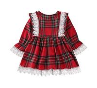 Faldas cortas niño Navidad manga larga encaje cuadros estampados princesa vestido de Navidad vestidos de fiesta niñas más largo, rojo, 12-18 meses