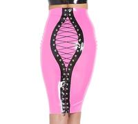 Faldas De Tubo Para Mujer, Falda Abierta Ajustada De Talle Alto Con Cordones, Minifaldas Ajustadas De Cuero De Látex De PVC De Verano,Rosa,4XL