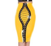 Faldas De Tubo Para Mujer, Falda Abierta Ajustada De Talle Alto Con Cordones, Minifaldas Ajustadas De Cuero De Látex De PVC De Verano,Amarillo,5XL