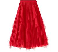 Faldas de tul para mujer DGSHIRLDJO largas con cintura elástica alta y elegante estilo vintage. Faldas de tul de malla estilo tutú de línea A para el día a día, graduación, fiesta, rosso, Altoa única