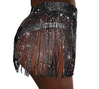Faldas de Vidrio con borlas de Diamantes de imitación, Falda con Flecos, Bufanda de Cadera y Cinturones de Rave para Mujer, Negro -, 2-18