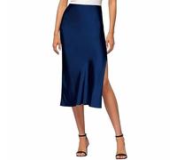Faldas hasta la rodilla falda midi de seda satinada de cintura alta y falda midi con cintura elástica, elegante y bonita media falda para mujer, marine, S