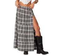 Faldas largas a cuadros para mujer, vintage, cintura elástica, abertura lateral, faldas midi escalonadas, faldas casuales acampanadas, faldas fluidas, ropa urbana Y2K, Negro, 44