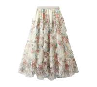 Faldas largas Florales de Moda for Mujer Primavera Verano Elegante Pradera Chic Midi Falda Cintura Alta A-Line tutú Tul(Apricot)