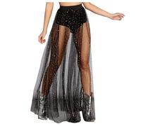 Faldas Largas Una Línea Mujer Club Nocturno Transparente Plisado Lentejuelas Encaje Falda Lápiz Cintura Alta Brillo Tul Bodycon Media Falda Botines, Negro , S