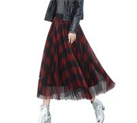 Faldas midi mujer verano Winter Vintage Plaid Pleated Maxi Long Tulle Skirts Elegant Red Green Check Tartan A-line Ankle Mesh Falda midi trapezoidal(Black red)