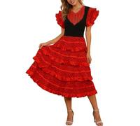 Faldas Mujer Verano Vestido Español de Festival para Mujer con Diseño Fluido y Volantes en Hombros Descubiertos para Actuaciones en Escenario (Red, XXXL)