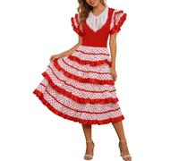 Faldas Mujer Verano Vestido Español de Festival para Mujer con Diseño Fluido y Volantes en Hombros Descubiertos para Actuaciones en Escenario (White, XL)