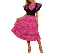 Faldas Mujer Verano Vestido Español de Festival para Mujer con Diseño Fluido y Volantes en Hombros Descubiertos para Actuaciones en Escenario (M)