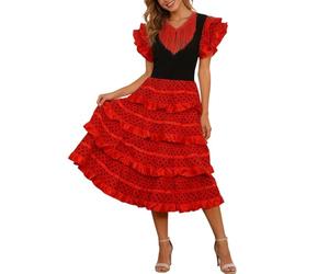 Faldas Mujer Verano Vestido Español de Festival para Mujer con Diseño Fluido y Volantes en Hombros Descubiertos para Actuaciones en Escenario (Red, XL)