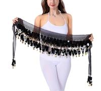 Faldón de la cadera de la danza del vientre monedas, falda con flecos de lentejuelas para bailarín del vientre trajes para mujeres, Negro, Talla Única