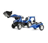 FALK 3090Y - Tractoexcavadora de Pedales New Holland con Excavadora y Remolque, Color Azul, Pala Frontal y Excavadora articulada, Asiento Giratorio, Fabricado en Francia, a Partir de 3 años