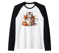 Fall Coffee and Cats Tea Cup For Women Kitten Mom Cat Lady Camiseta Manga Raglan
