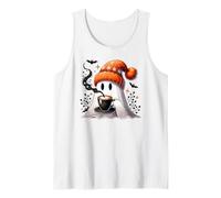 Fall Ghost with Coffee Mug,Halloween Ghost Drinking Coffee Camiseta sin Mangas