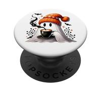 Fall Ghost with Coffee Mug,Halloween Ghost Drinking Coffee PopSockets PopGrip Adhesivo