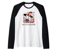 Fall Into a Good Book Cute Ghost Reading Lovers Books Coffee Camiseta Manga Raglan
