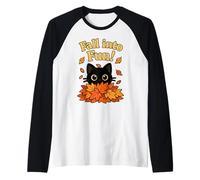 Fall Into Fun Black Cat Autumn Leaves Cute Design Camiseta Manga Raglan