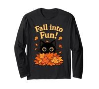 Fall Into Fun Black Cat Autumn Leaves Cute Design Manga Larga