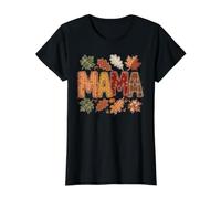Fall Mama Patchwork Style Hojas de otoño Calabaza Camiseta gráfica económica, Mujer, Negro, L
