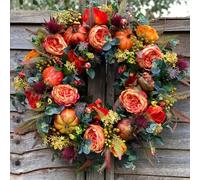 Fall Peony and Pumpkin Wreath-Harvest Fall Wreaths with Pumpkin Peony Maple Leave and Berries Year Round Wreath for Halloween Thanksgiving Harvest Home Decor (40CM)