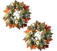 Fall Peony and Pumpkin Wreath Year Round, Farmhouse Front Door Decor with Maple Leaves and Berries, All-Season Indoor Outdoor Home Wreath, Halloween Thanksgiving Decor (Orange-B-2PCS,M)