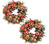 Fall Peony and Pumpkin Wreath Year Round, Farmhouse Front Door Decor with Maple Leaves and Berries, All-Season Indoor Outdoor Home Wreath, Halloween Thanksgiving Decor (Orange-A-2PCS,M)