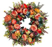 Fall Peony and Pumpkin Wreath Year Round, Halloween Wreath, Fall Wreaths for Front Door, Rustic Autumn Wreath with Pumpkin, Peony, Berry Branches, Thanksgiving, and Autumn Home Accents (A-15.7in)