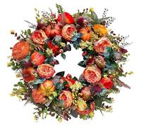 Fall Peony and Pumpkin Wreath - Year Round Wreath, 2026 New Farmhouse Fall Wreaths, Realistic Pumpkin Wreaths Form with Maple Leaves and Berries, for Thanksgiving, Halloween (45cm/17.7in,1PC)
