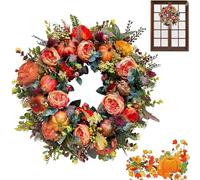Fall Peony and Pumpkin Wreaths, Year Round Wreath, Autumn Front Door Wreath with Maple Leaves and Berries, Farmhouse Decor for Thanksgiving and Halloween (15.7in)