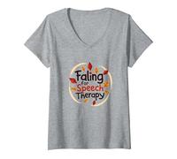 Falling For Speech Therapy - Regalo temático de otoño Camiseta Cuello V, Mujer, Gris Jaspeado, L