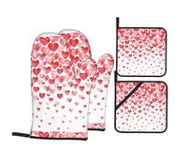 Falling Red Hearts - Juego de 4 soportes para ollas y guantes de horno, resistentes al calor, para asar a la parrilla