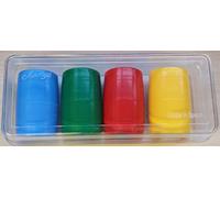 Falomir - Set de 4 Cubiletes de Plástico | Multicolor | con Caja de Plástico y 16 Fichas | 4 Dados Incluidos | Diversión y Entretenimiento | 2+ Jugadores (Edad +4)