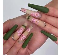 False Nails Green Natural Press on Nails Reusable Stick on Nails Ballerina Long Fake Nails 24pcs for Women and Girls