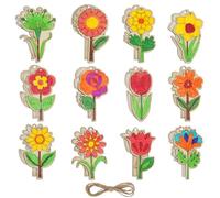 FALSKT 24 Piezas 12 Estilos Recortes de Flores de Madera, Madera Manualidades Flores con Cuerda Rodajas Sin Terminar Manualidades Decoración Floral