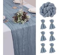 FALSKT Camino de Mesa Azul Polvoriento 400×90cm Mantel de Gasa de Poliéster Vintage Camino de Mesa Moderno con Textura Arrugada paraComuniones Fiestas,6PCS Servilletas de Gasa,6PCS Anillos Servilletas