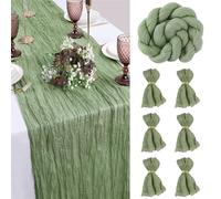 FALSKT Camino de Mesa Verde Salvia 400×90cm Mantel de Gasa de Poliéster Vintage Camino de Mesa Moderno con Textura Arrugada para Comuniones Fiestas, 6PCS Servilletas de Gasa, 6PCS Anillos Servilletas